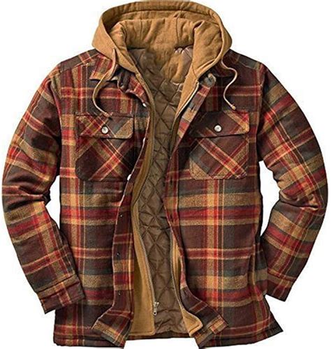 Mens Thicken Quilted Lined Flannel Shirt Jacket Hooded Plaid Zipper