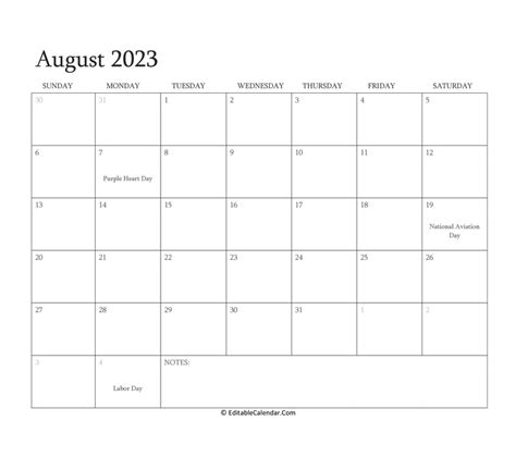 Download August 2023 Editable Calendar With Holidays Word Version