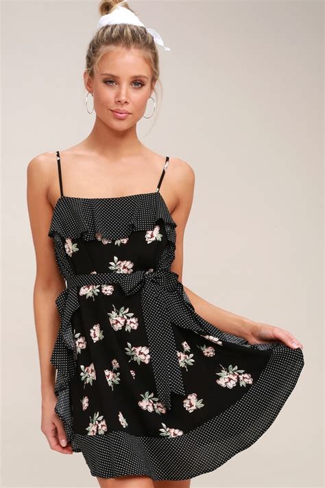 Cute Black Floral Print Dress Polka Dot Dress Mini Dress Lulus