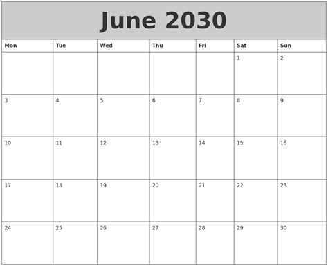 June 2030 My Calendar