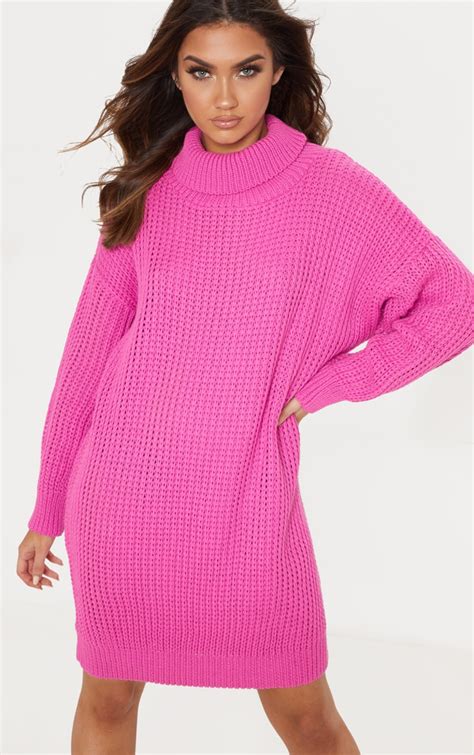 Hot Pink Oversized Knitted Sweater Dress Prettylittlething Usa