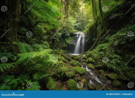 Majestic Cascading Waterfall Surrounded By Lush Greenery And Towering