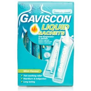Gaviscon double action liquid contains the active ingredients sodium alginate, sodium bicarbonate and calcium carbonate. Gaviscon Liquid Sachets Mint Flavoured - Medicines - £3.79