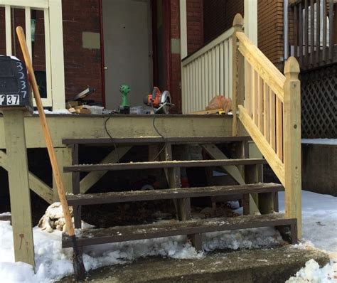 A wooden stair railing is an important safety addition to the porch steps. Wooden Handrails For Outdoor Steps | Stair Designs