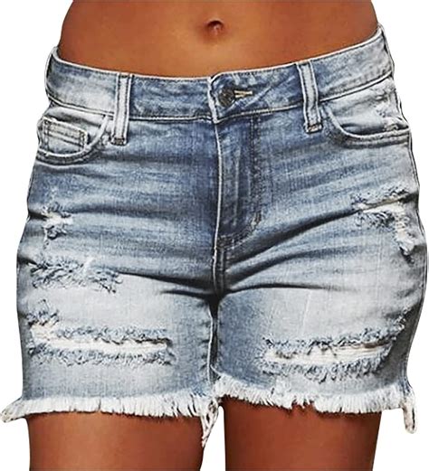 Denim Shorts For Women Mid Rise Ripped Jean Shorts Stretchy Folded Hem Hot Short Jeans Summer