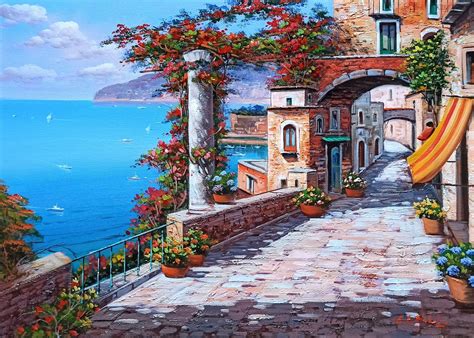 Sorrento Painting Flowered Old Road Original Artwork Italian Painter E