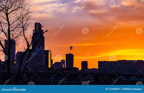 Tree Silhouette At Sunset With Backdrop Of Downtown Omaha Nebraska