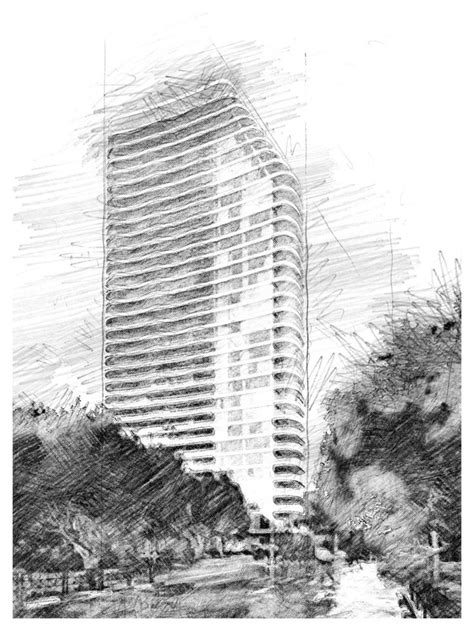 A Drawing Of A Tall Building With Trees In The Foreground And Water