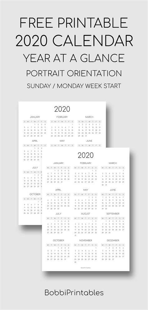 Printable Template For Blank 2020 Year At A Glance Calendar