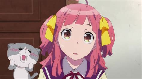 An Anime Girl With Pink Hair Holding A Cat And Looking At The Camera