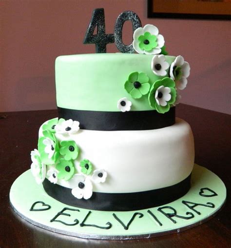 Two Tier Round White 40th Birthday Cake With Green And White Flowers