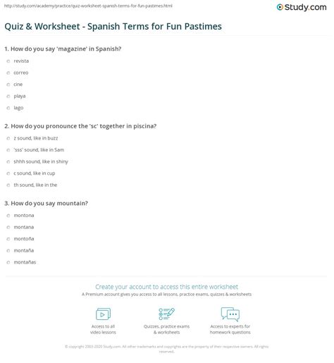 Quiz And Worksheet Spanish Terms For Fun Pastimes