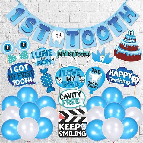 Wobbox First Tooth Blue 13 Pcs Party Props With 1st Tooth Bunting