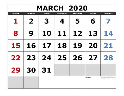 March 2020 Printable Calendar Template Excel Pdf Image Us Edition