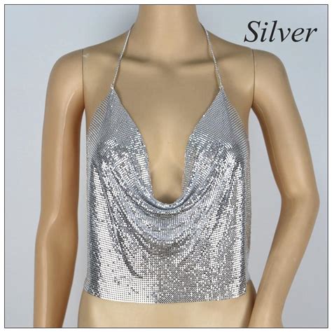 Tank Crop Top Metal Sequin V Neck T Shirt For Women Halter Shiny Bustier Backless Cami Cropped