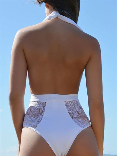 sexy one piece swimsuit white halter plunging neckline lace semi sheer slim fit beach swimwear