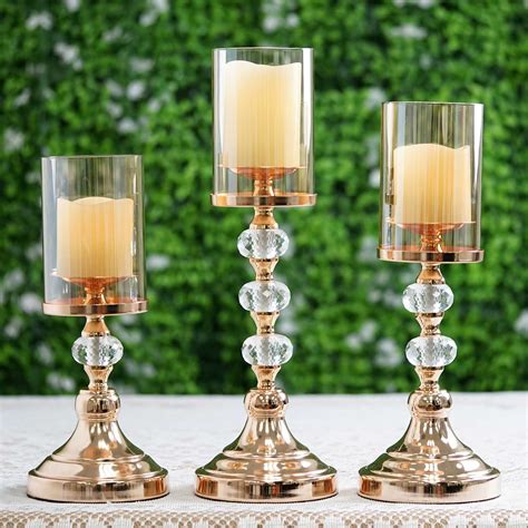 Set Of 3 Gold Metal Pillar Candle Holder Set With Hurricane Glass