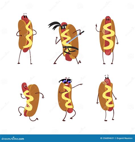 Funny Hot Dog Characters Set Cute Fast Food In Different Actions