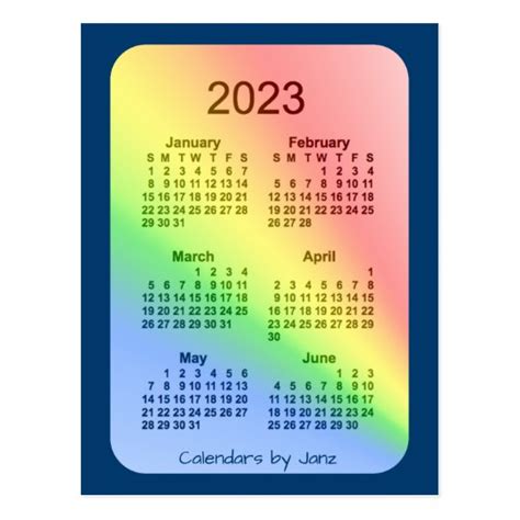 2023 Rainbow Blue 6 Month Mini Calendar By Janz Postcard Uk