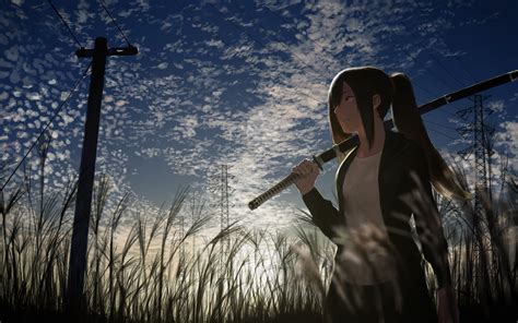 Wallpaper Sunlight Sunset Anime Girls Brunette Reflection Grass