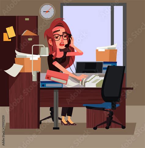 Stressed Tired Office Worker Business Woman Hard Working Work Days Vector Cartoon Illustration