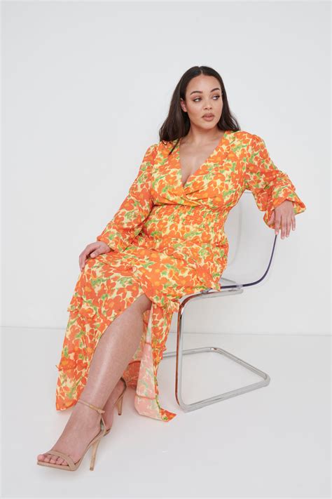 Rochelle Shirred Waist Maxi Dress Curve Orange And Yellow Floral Pretty Lavish