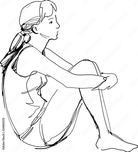 Sketch Of A Girl Sitting Hugging Her Knees Stock Vector Adobe Stock