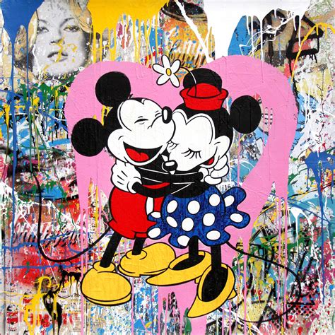 Mr Brainwash Mickey And Minnie Hug Pink Heart 38 X 38 Denis