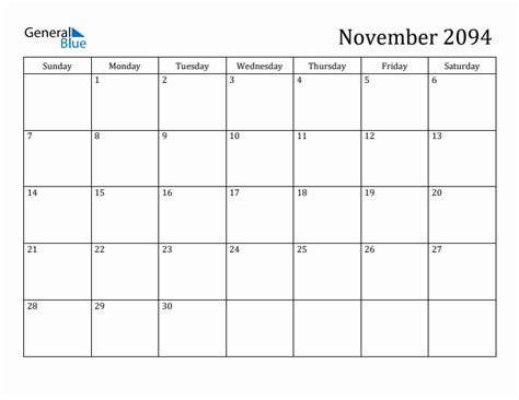 November 2094 Monthly Calendar Pdf Word Excel