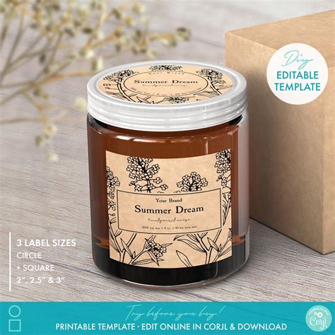 Printable Botanical Candle Label Template X3 Sizes Diy Etsy In 2021