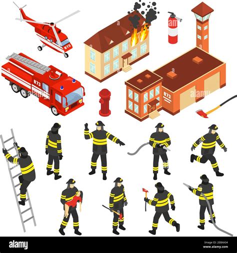 Colored Isometric Fire Department Icon Set With Attributes To
