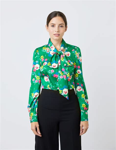 Satin Womens Fitted Shirt With Multi Floral Print And Pussy Bow In Green And White Hawes