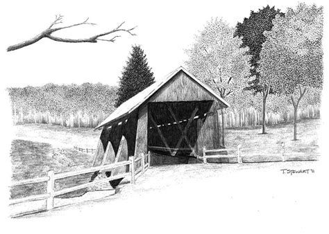 Campbells Covered Bridge Drawing By Tom Stewart