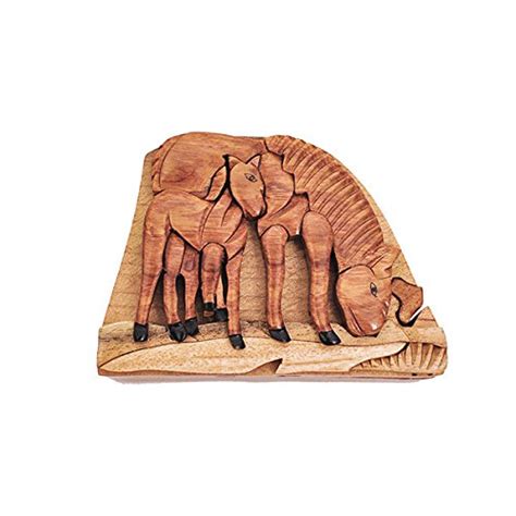 Handmade Wooden Art Intarsia Trick Secret Horse With Foal Puzzle