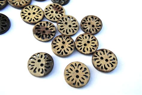 10 Buttons Coconut Shell Buttons Inside Carved Flower Ornament Etsy