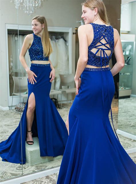 Two Piece Royal Blue Satin Lace Up Back Prom Dress With Beading
