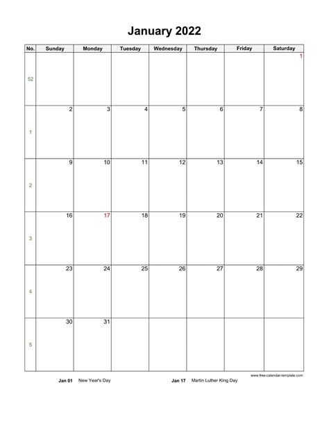 2022 January Calendar Blank Vertical Template Free Calendar