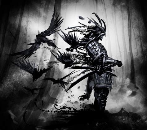 The Spirit Of The Samurai Stands In The Gray Forest A Flock Of Crows