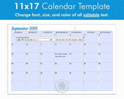 11x17 Editable Calendar Templates Landscape Calendars Etsy