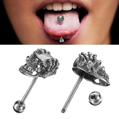 1piece Fake Tongue Piercing Skull Barbell Rings Surgical Industrial