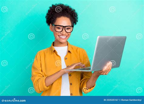 Photo Portrait Girl Wearing Glasses Working On Computer Isolated Vivid