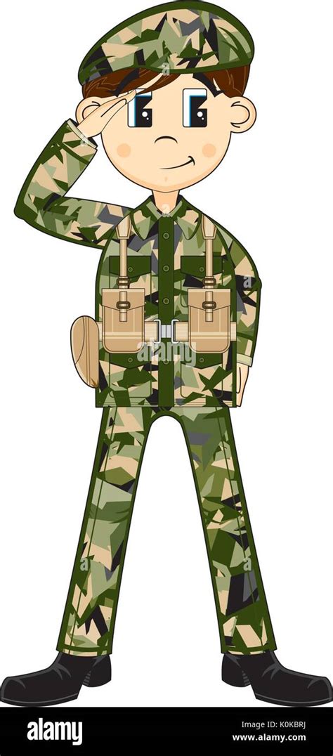 Cartoon Military Camouflaged Army Soldier Saluting Vector Illustration