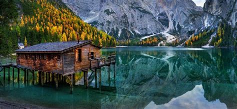 Nature Landscape Lake Mountain Cabin Chapel Forest Fall Italy Alps