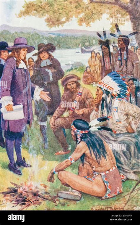 Early American Settlers Discussing The Purchase Of Land With Native
