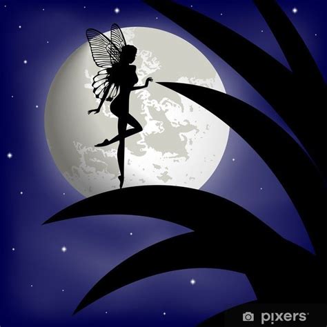 Silhouette Fairy Girl On A Background With The Moon Wall Mural Pixers