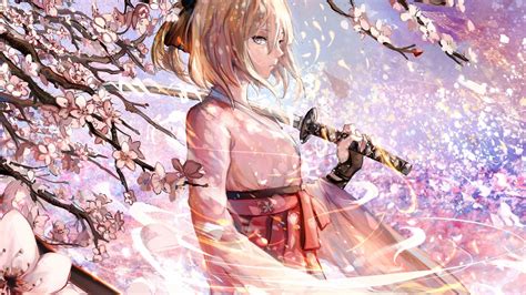 Download Wallpaper 2560x1440 Sakura Saber Katana Cherry Blossom