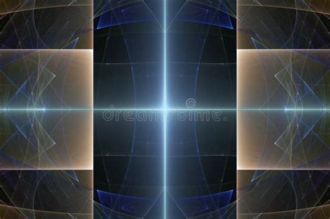 Blue Gray Glowing Pattern Of Curved Shapes And Rays On A Black Background Stock Illustration
