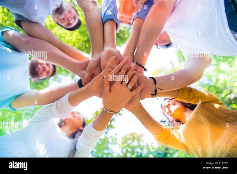 Group Of A Friends Hands Together Stock Photo Alamy