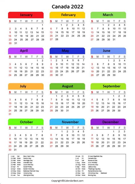 Free Printable Canada Calendar 2022 With Holidays