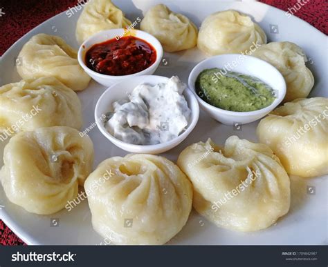 Steamed Nepali Traditional Momos Dumplings Served Stock Photo